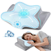 Bespillow front view on bed showing contour and cooling cover for improved support