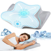 Bespillow front view showing ergonomic contour and blue cover for supported sleep