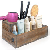 Besti front view of wooden hair dryer holder showing organized tools and tidy counter