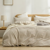 BESTOUCH front view almond milk grey duvet cover showing neat, neutral styling and calm benefit