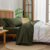 BESTOUCH front view of olive green queen sheet set, shows packaging and color accurately