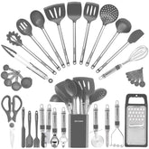 BESTZMWK front view of 33-piece grey utensil set showing full contents and holder for quick identification and organization