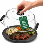 Bezrat glass microwave cover front view showing sleek black silicone handles for safe lifting