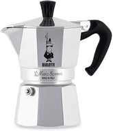 Bialetti front view showing classic aluminium pot and fast brewing benefit