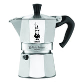 Bialetti Moka Express front view showing classic shape and logo, signaling authentic Italian brewing