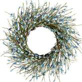 Bibelot front view wreath on door showing vibrant blue blooms and instant curb appeal