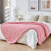 Bigacogo throw on couch showing blush pink decor and cozy comfort