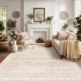 BILEEHOME front view showcasing blush pink floral rug and soft vintage look