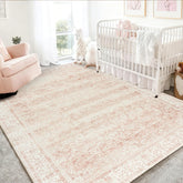BILEEHOME front view of pink nursery rug shows vintage floral and curb appeal