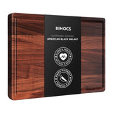 BINOCS walnut cutting board front view showing elegant grain and solid construction benefit: attractive prep surface
