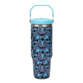 Bioworld front view of tumbler showing Stitch print and capacity benefit