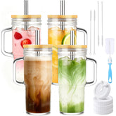 Birity front view of four glass tumblers showing clear design and handle benefit