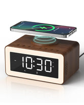 Biseoamz front view showing wood-grain finish and digital clock benefit: stylish bedside convenience