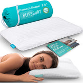 BLISSBURY front view of thin 2.6 inch pillow showing low profile and neat finish