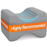 BlissTrends front view of grey knee pillow showing ergonomic curve and support