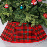 Blissun front view of plaid tree collar giving a finished tree base