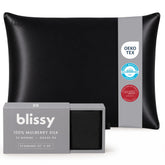 Blissy front view of black silk pillowcase showing smooth surface and luxurious drape