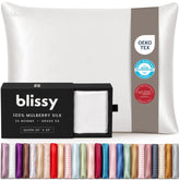 Blissy silk pillowcase front packaging showing clean white finish and brand benefits