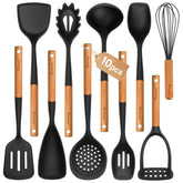 Blithely set front display showing all ten black silicone utensils and wooden handles for complete kitchen coverage