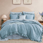 BLOOMHAVEN comforter front view showing full ruffled border and clean styling benefit
