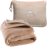 BlueHills front packaging showing beige blanket pillow and zipper bag for easy packing