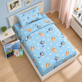Bluey twin bedding front packaging showing sheets and stickers, Bluey comfort and convenience