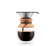 Bodum front view showing full carafe and filter, clear design and capacity
