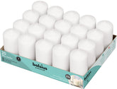 BOLSIUS front view of 20-pack white pillar candles showing neat packaging and quantity