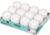 Bolsius front packaging showing 12 white pillar candles and pack benefit