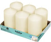 BOLSIUS front packaging showing six ivory pillars and clear set presentation benefit