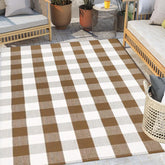 Bottalive rug front view showcasing brown and white check for stylish entry