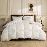 BPC front view of queen comforter showing full ivory white coverage and luxury look