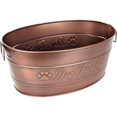 BREKX front view of copper toy bin showing embossed Dog Toys benefit durability