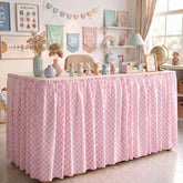 Breling front view pink checkered skirt on 6ft table for tidy classroom presentation