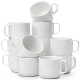 Brew To A Tea front view of 12 white porcelain mugs showing clean design and storage benefit