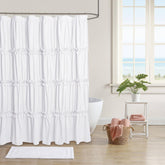 BRHF front view of white ruffle shower curtain showing elegant farmhouse style and charm