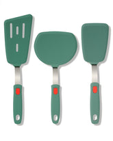 Brigii front view of three spatulas showing colors and packaging, durable and safe