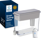 Brita UltraMax front view showing gray dispenser and clear reservoir for easy serving