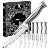 BRODARK front view showing eight shark series steak knives, modern look and durability