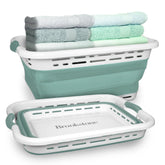 Brookstone front view mint hamper showing full 11-gallon capacity and modern shape for organized laundry