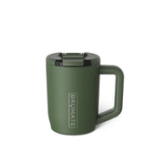 BrüMate Müv front view showing OD Green finish and compact travel-ready mug benefit