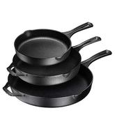 Bruntmor front view of the three-piece skillet set shows sizes and benefits