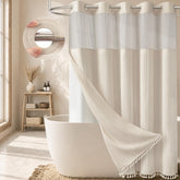 BTTN cream shower curtain front view showing elegant boho style and quick setup benefit