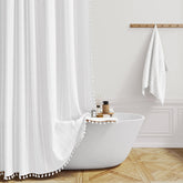 BTTN front view of white boho farmhouse shower curtain highlighting clean aesthetic