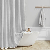 BTTN shower curtain front view showing gray boho farmhouse design and elegant look