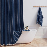 BTTN navy blue shower curtain front view showing full panel and navy color, elevates bathroom style