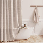 BTTN front view of taupe boho curtain showing elegant farmhouse look and coverage