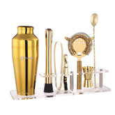 Btuqbu front display showing complete gold cocktail set and acrylic stand for elegant organization