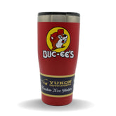 Buc-ee's red tumbler front view showing Bucky the Beaver graphic and insulated benefit
