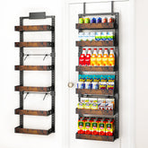 BUKFEN front view of the over-the-door organizer showing warm wood baskets and black frame for tidy storage
